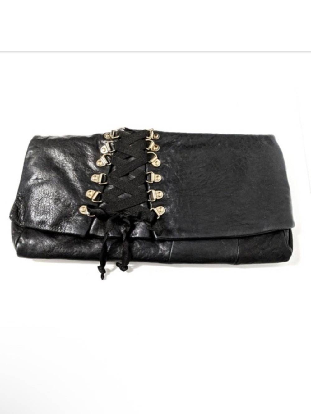 JUNIOR DRAKE Black Leather Corset Clutch Handbag